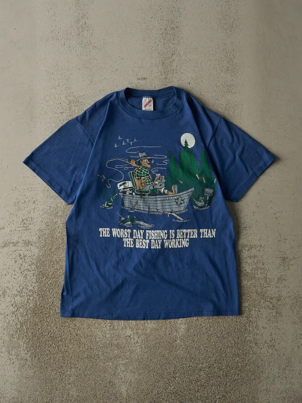 Vintage 80s Blue Fishing Slogan Tee (S/M) sold by Rebalance Vintage
