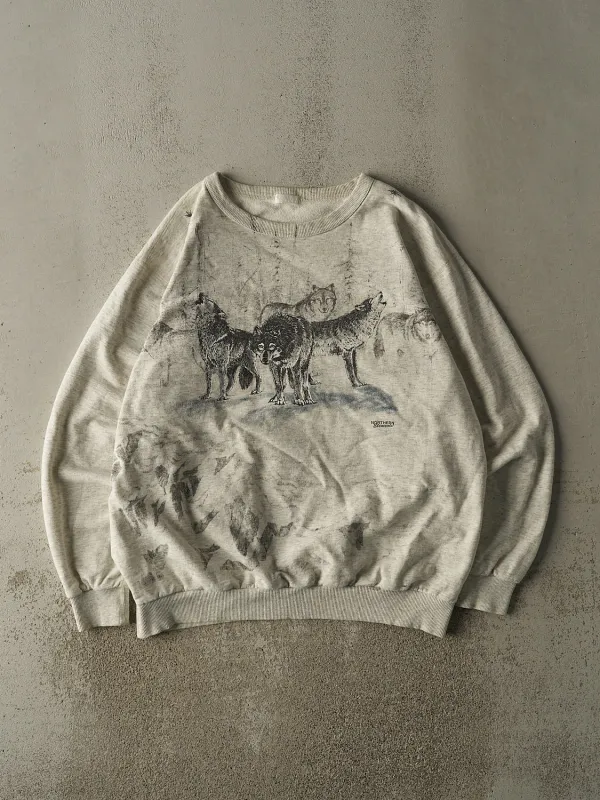 Vintage 90s Heather Grey Northern Elements Wolf Crewneck (XXL) sold by Rebalance Vintage