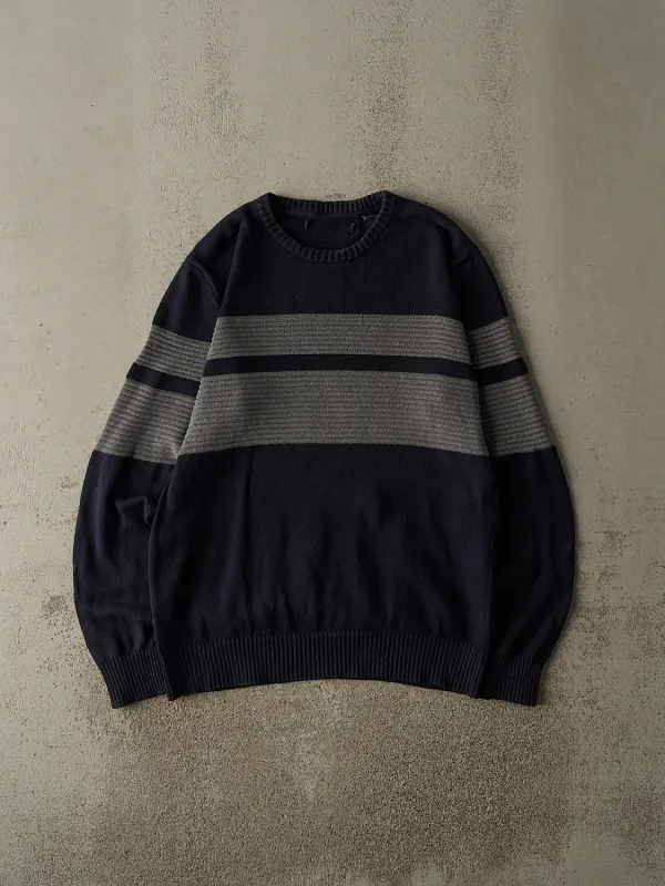 Vintage Y2K Navy Blue & Grey Striped Knit (L/XL) sold by Rebalance Vintage
