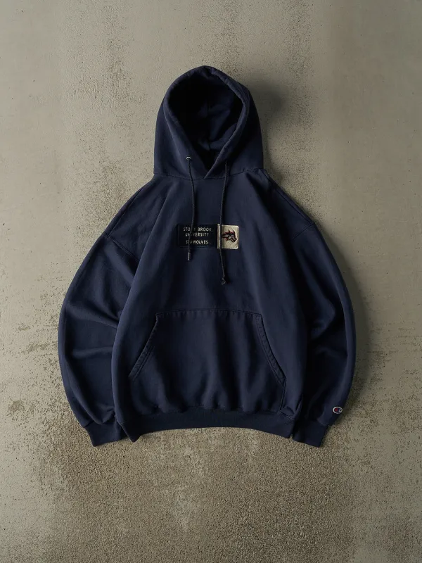Vintage 90s Navy Blue Stony Brook University Seawolves Embroidered Hoodie (S) sold by Rebalance Vintage