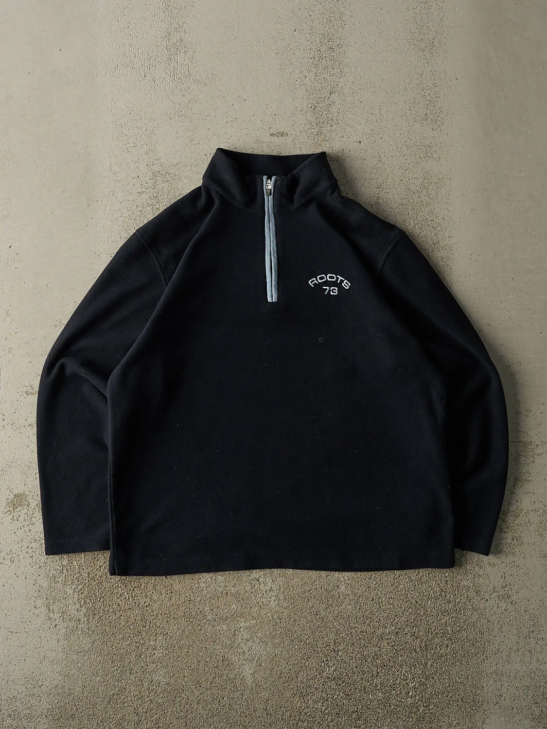 Vintage Y2K Navy Blue Roots Embroidered Fleece Quarter Zip Sweater (M/L) sold by Rebalance Vintage
