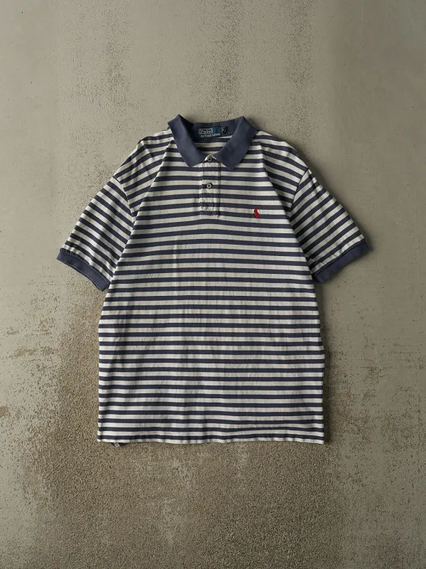 Vintage 90s White & Blue Polo Ralph Lauren Striped Tee (L) sold by Rebalance Vintage