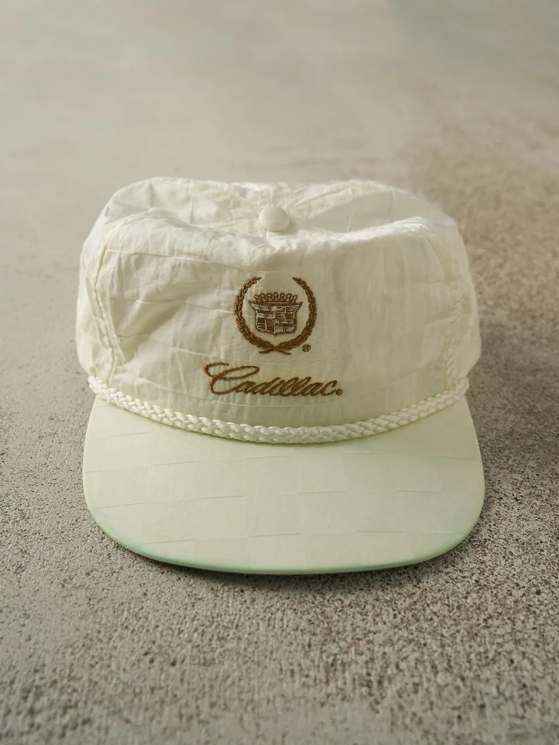 Vintage 80s White Cadillac Embroidered Leather Strapback (O/S) sold by Rebalance Vintage