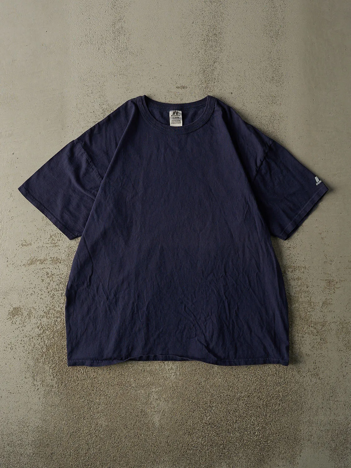 Vintage Y2K Navy Blue Russell Athletic Blank Tee (L/XL) sold by Rebalance Vintage