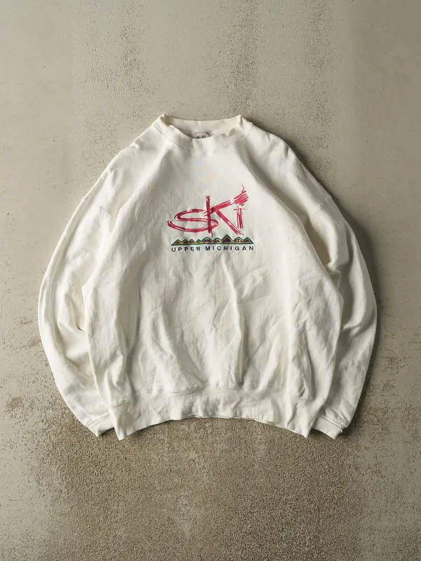 Vintage 90s White Upper Michigan Ski Embroidered Crewneck (L/XL) sold by Rebalance Vintage