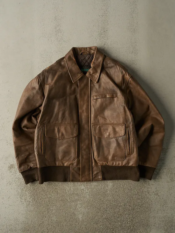 Vintage 90s Brown Leather Aviator Jacket (XL) made by Rebalance Vintage