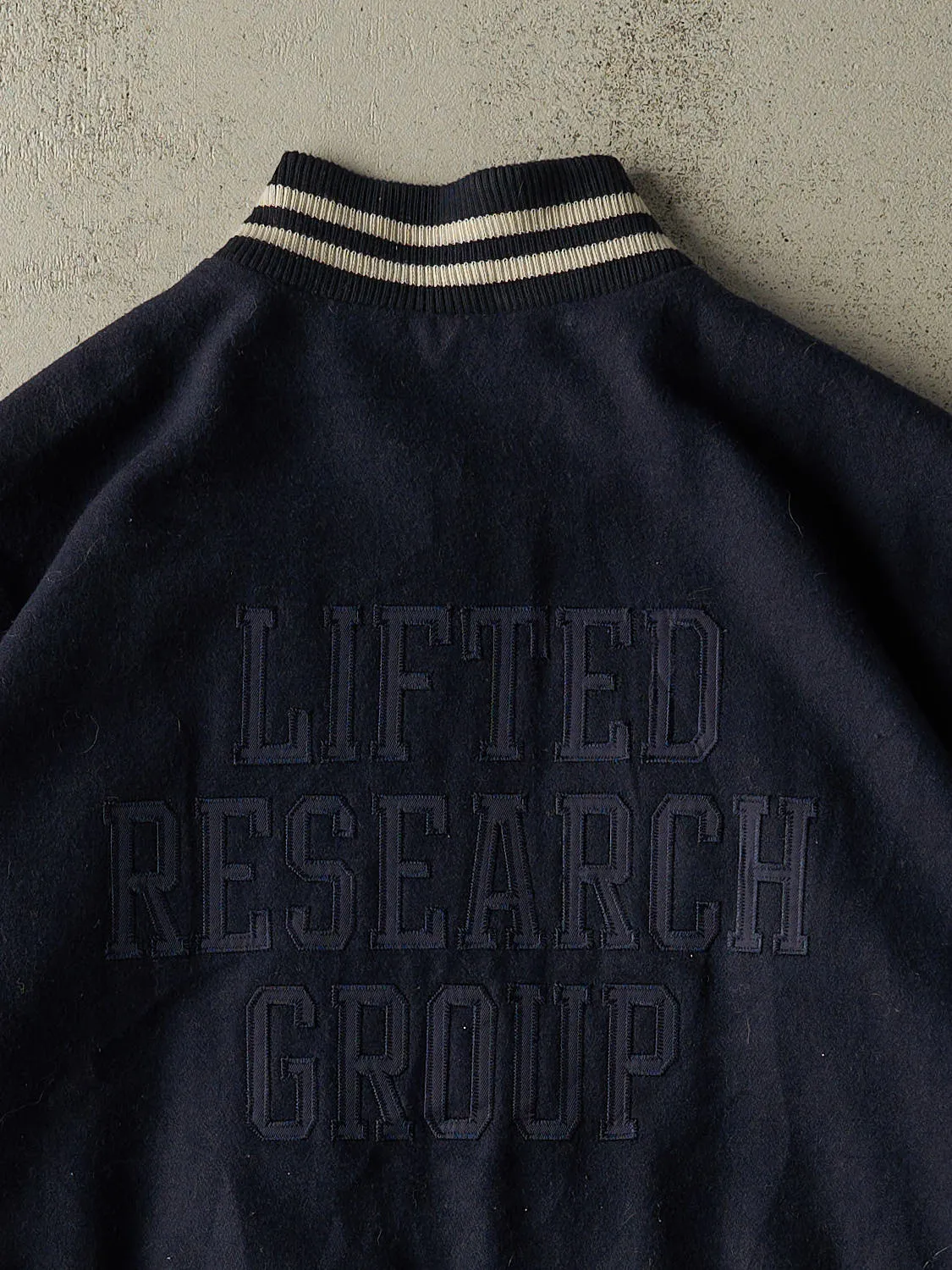 Vintage Y2K Navy Blue & Brown LRG Embroidered Varsity Jacket (XXL) sold by Rebalance Vintage product image thumbnail 4
