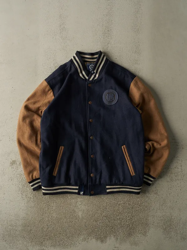 Vintage Y2K Navy Blue & Brown LRG Embroidered Varsity Jacket (XXL) sold by Rebalance Vintage