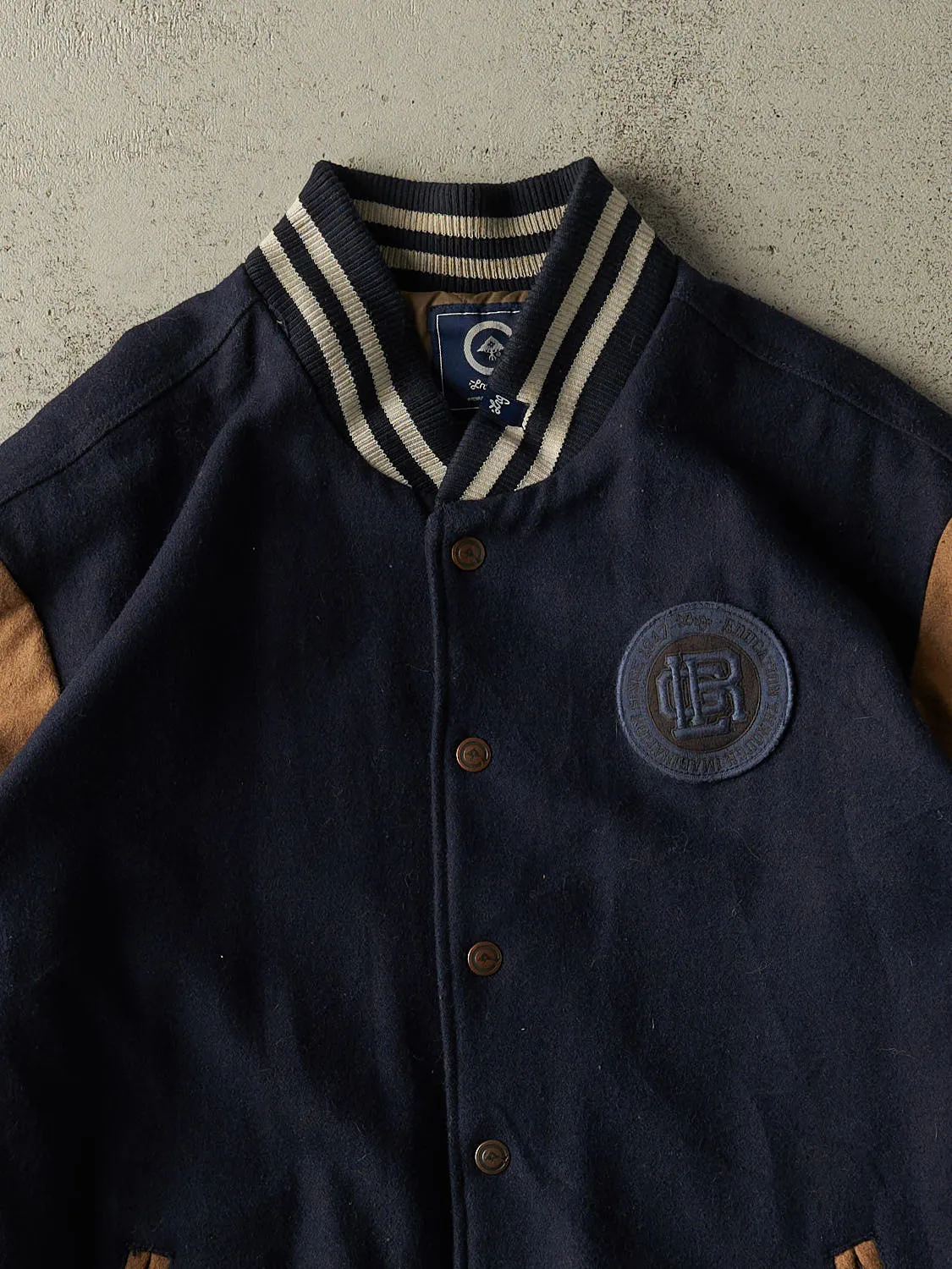 Vintage Y2K Navy Blue & Brown LRG Embroidered Varsity Jacket (XXL) sold by Rebalance Vintage product image thumbnail 3
