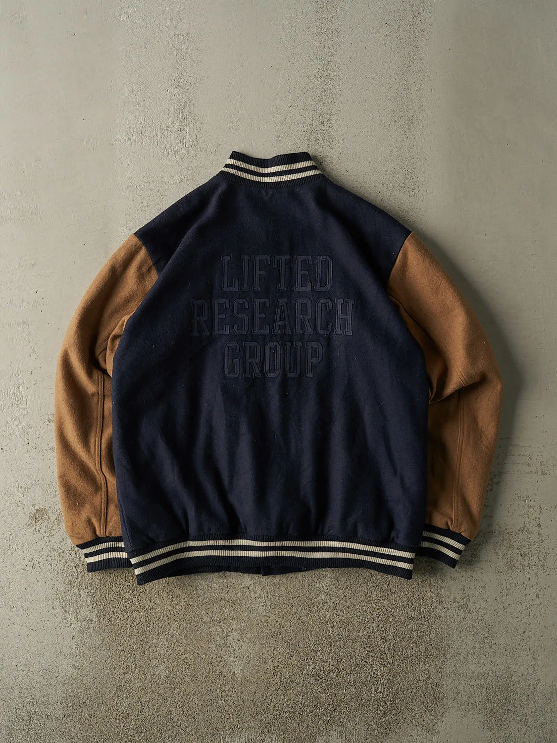 Vintage Y2K Navy Blue & Brown LRG Embroidered Varsity Jacket (XXL) sold by Rebalance Vintage product image thumbnail 2