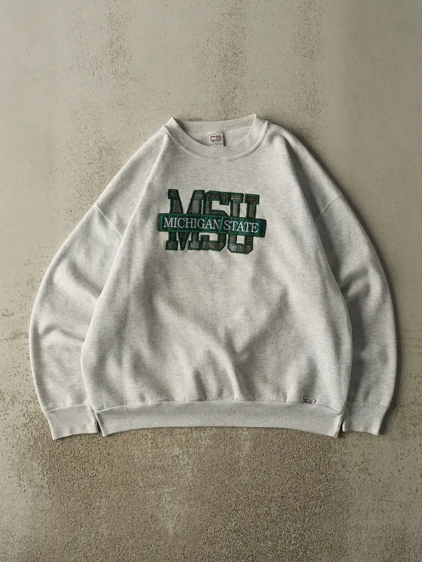 Vintage 80s Heather Grey Michigan State University Embroidered Crewneck (L) sold by Rebalance Vintage