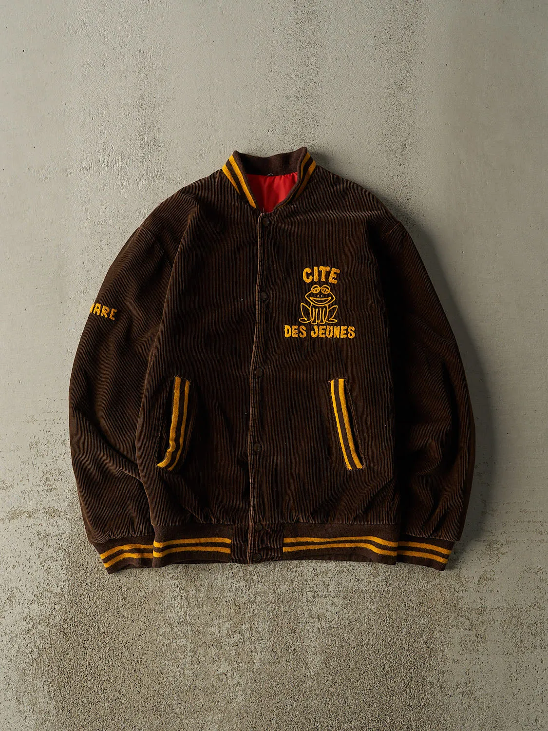 Vintage 70s Brown Cité Des Jeunes Corduroy Embroidered Varsity Jacket (S/M) sold by Rebalance Vintage