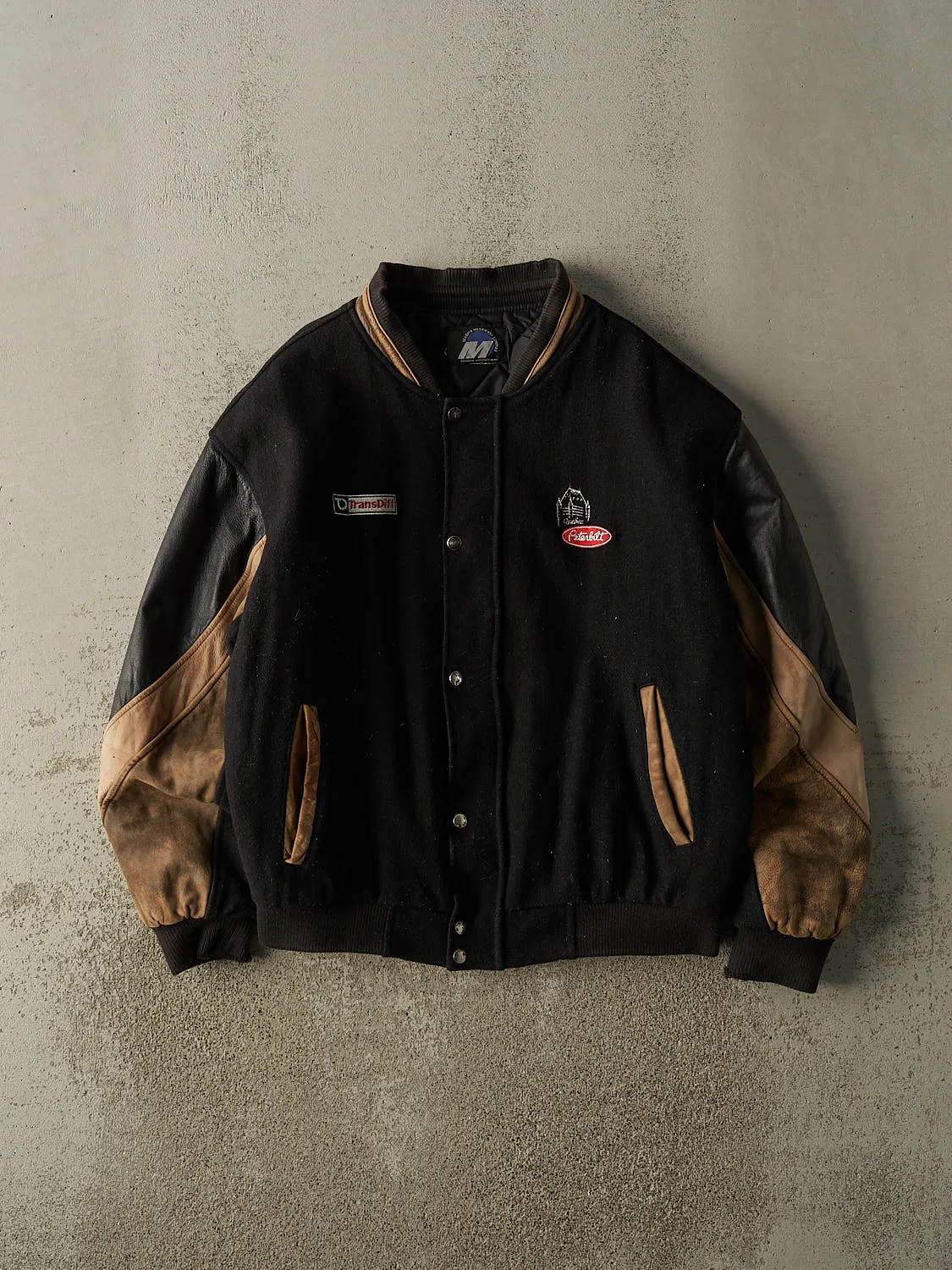 Vintage 90s Black Peterbilt Embroidered Varsity Jacket (L) sold by Rebalance Vintage