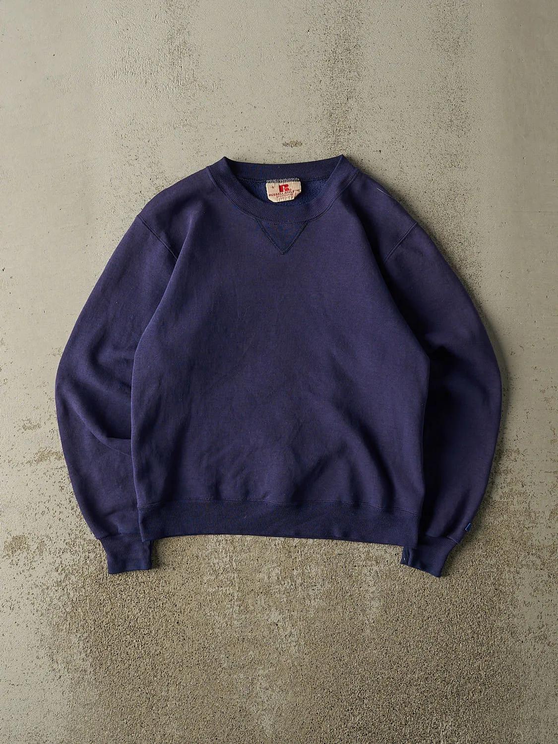 Vintage 70s Navy Blue Russell Athletic Blank Crewneck (XS) sold by Rebalance Vintage