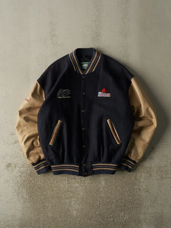 Vintage 90s Navy Blue Molson Canadian Roots Embroidered Varsity Jacket (XL) sold by Rebalance Vintage