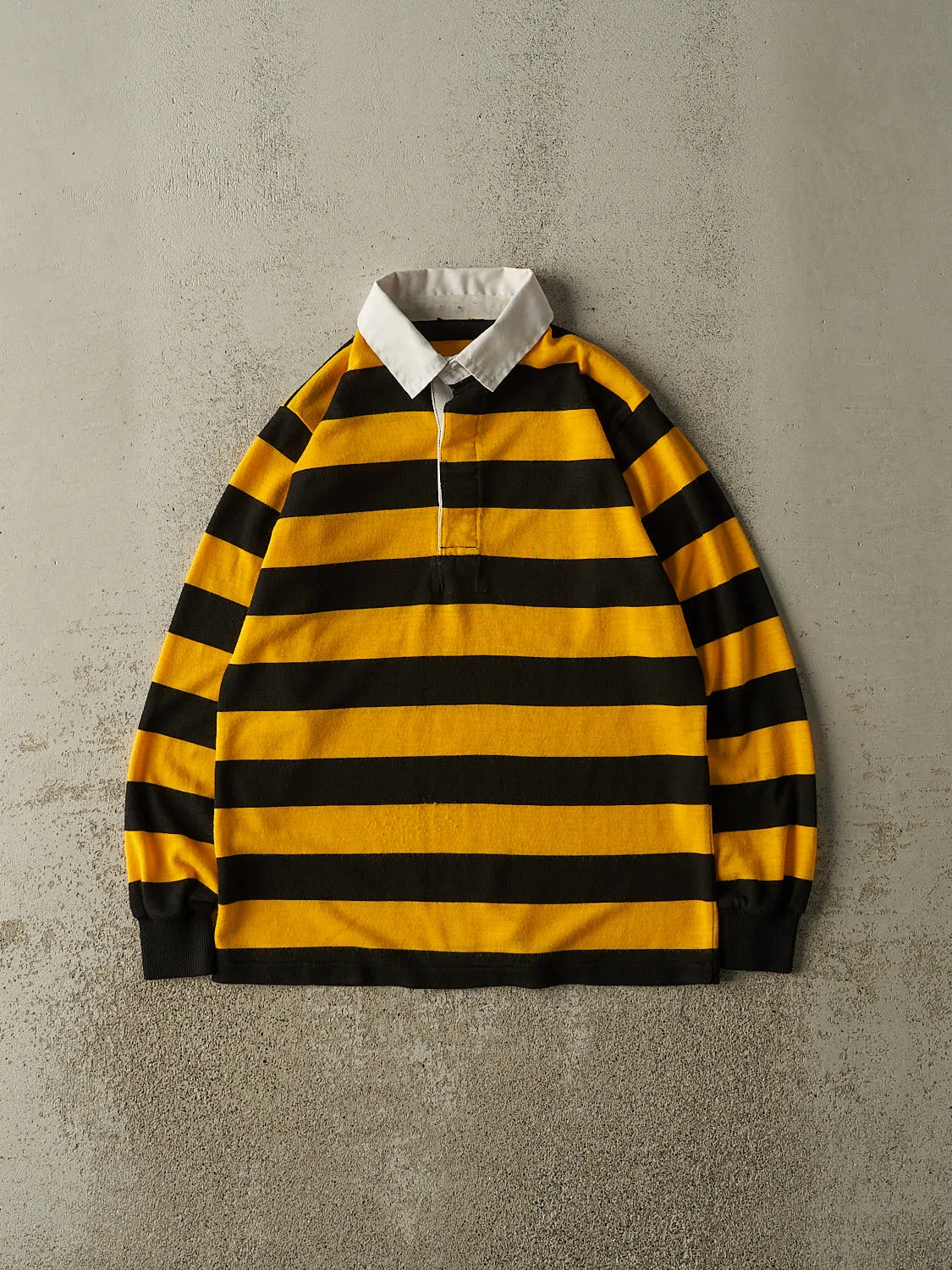 Vintage 90s Yellow & Black Striped Quarter Button Long Sleeve (S/M) sold by Rebalance Vintage