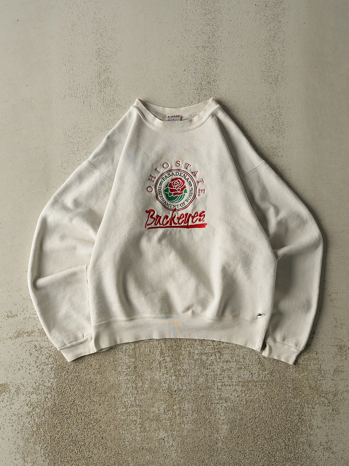 Vintage 80s White Ohio State University Rose Bowl Embroidered Crewneck (XS) sold by Rebalance Vintage