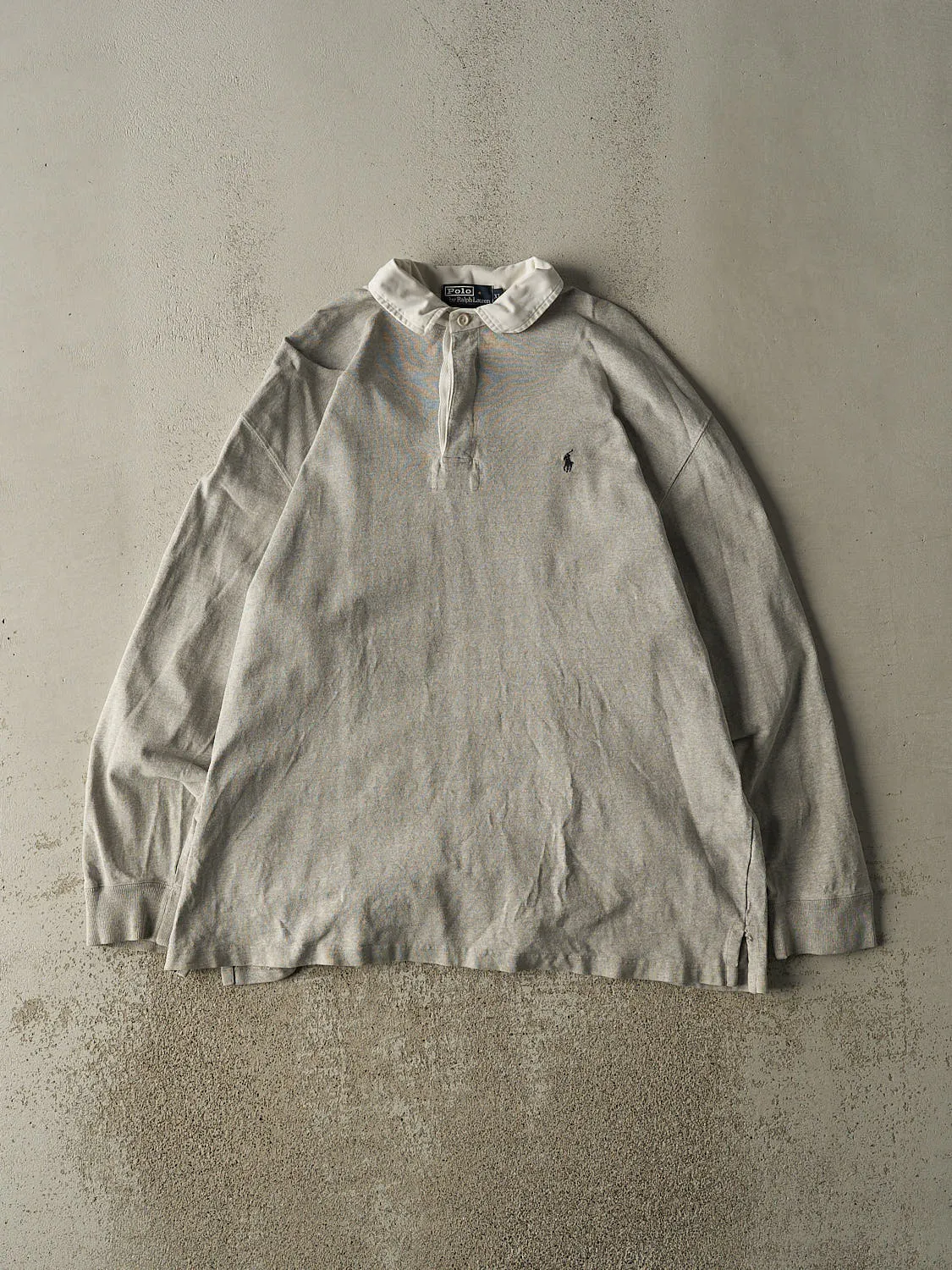 Vintage 90s Grey Polo Quarter Button Long Sleeve (XXL) sold by Rebalance Vintage