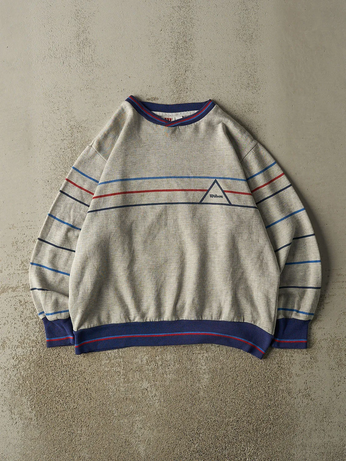 Vintage 80s Grey Wilson Striped Crewneck (S/M) sold by Rebalance Vintage