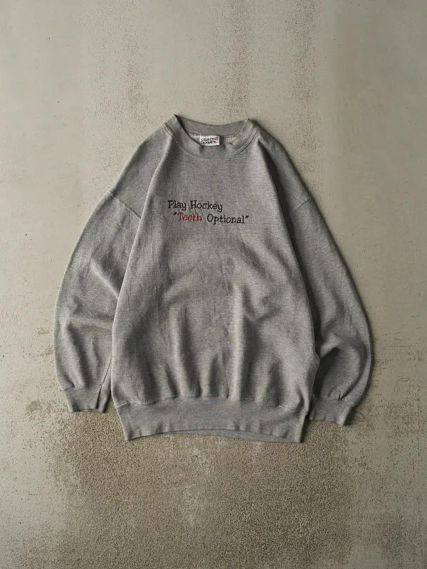 Vintage 90s Grey "Play Hockey, Teeth Optional" Slogan Crewneck (L/XL) sold by Rebalance Vintage