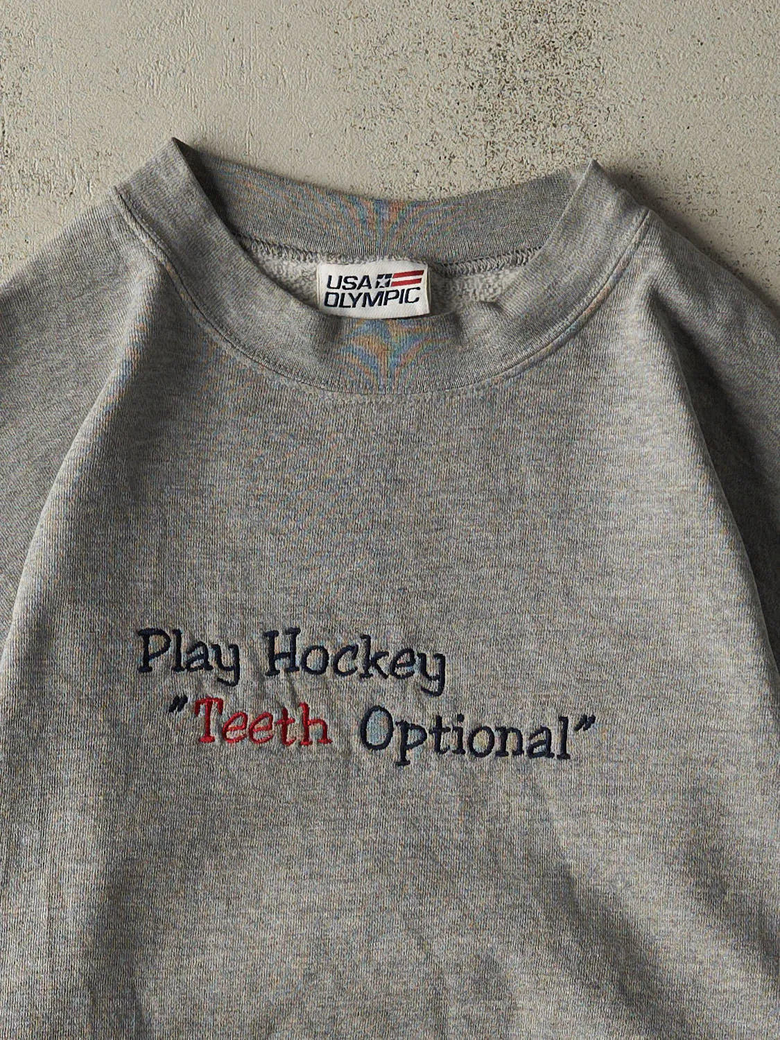 Vintage 90s Grey "Play Hockey, Teeth Optional" Slogan Crewneck (L/XL) sold by Rebalance Vintage product image thumbnail 2