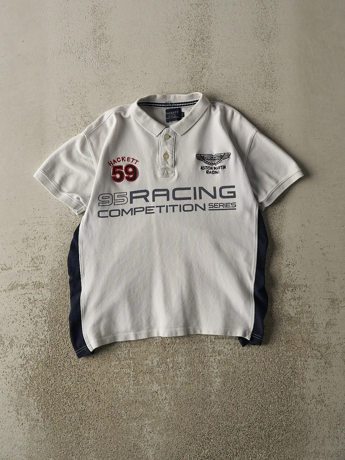 Vintage Y2K White & Navy Aston Martin Racing Quarter Button Tee (S) sold by Rebalance Vintage