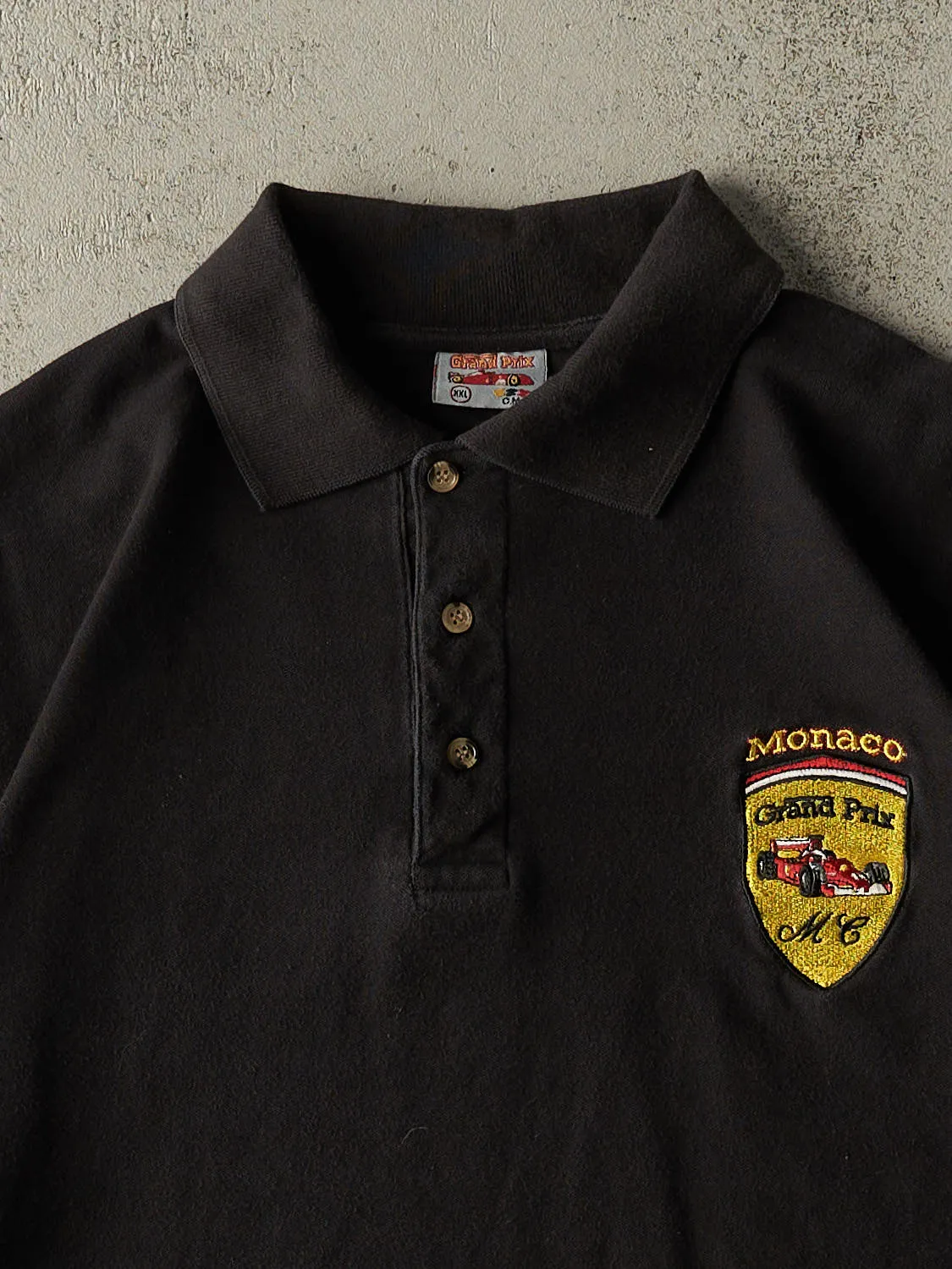 Vintage 90s Black Monaco Grand Prix Quarter Button Tee (L) sold by Rebalance Vintage product image thumbnail 2