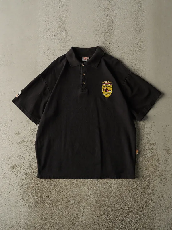 Vintage 90s Black Monaco Grand Prix Quarter Button Tee (L) sold by Rebalance Vintage