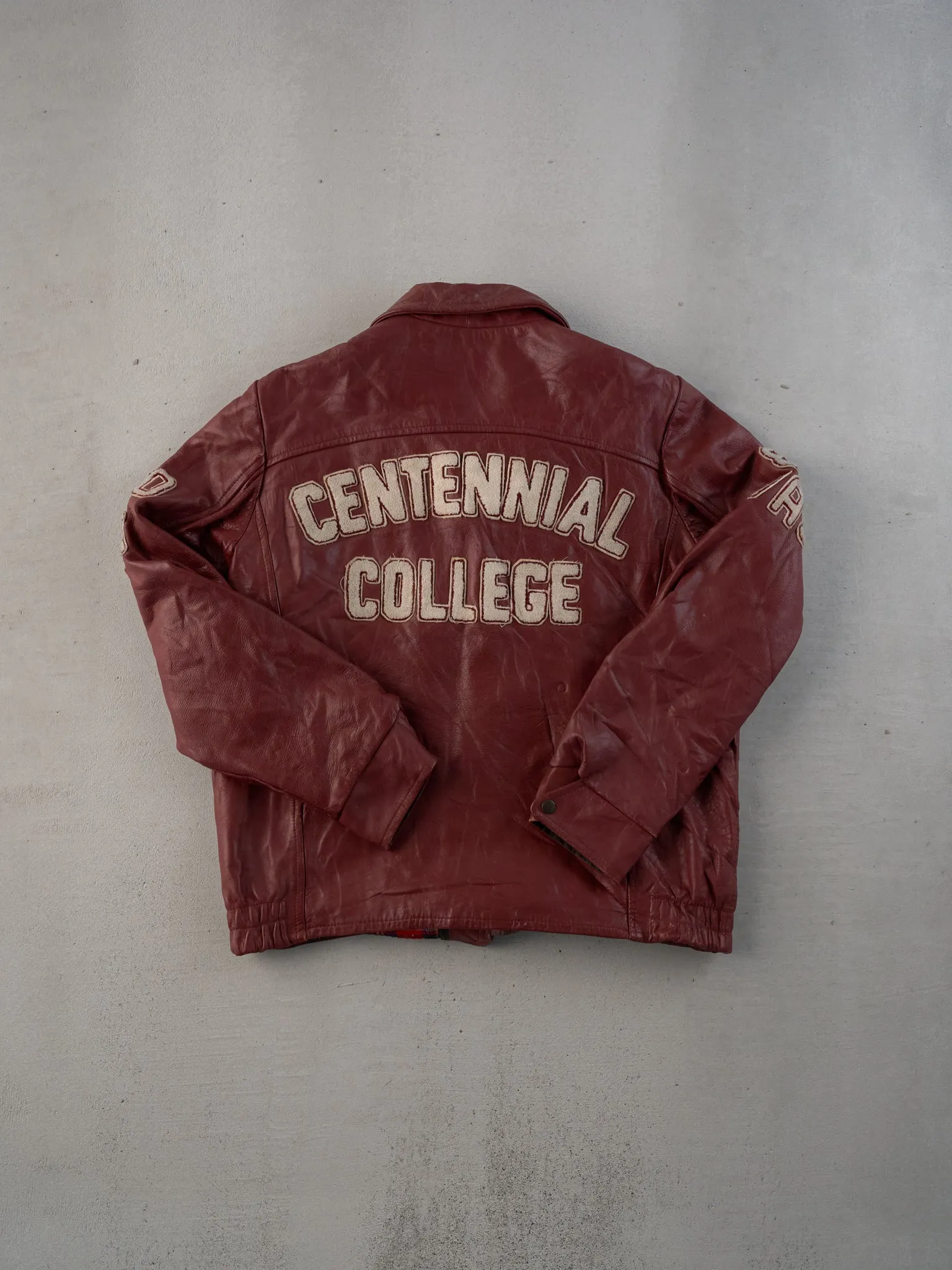Vintage 85' Maroon Centiennal College Collared Leather Jacket (M) sold by Rebalance Vintage product image thumbnail 2