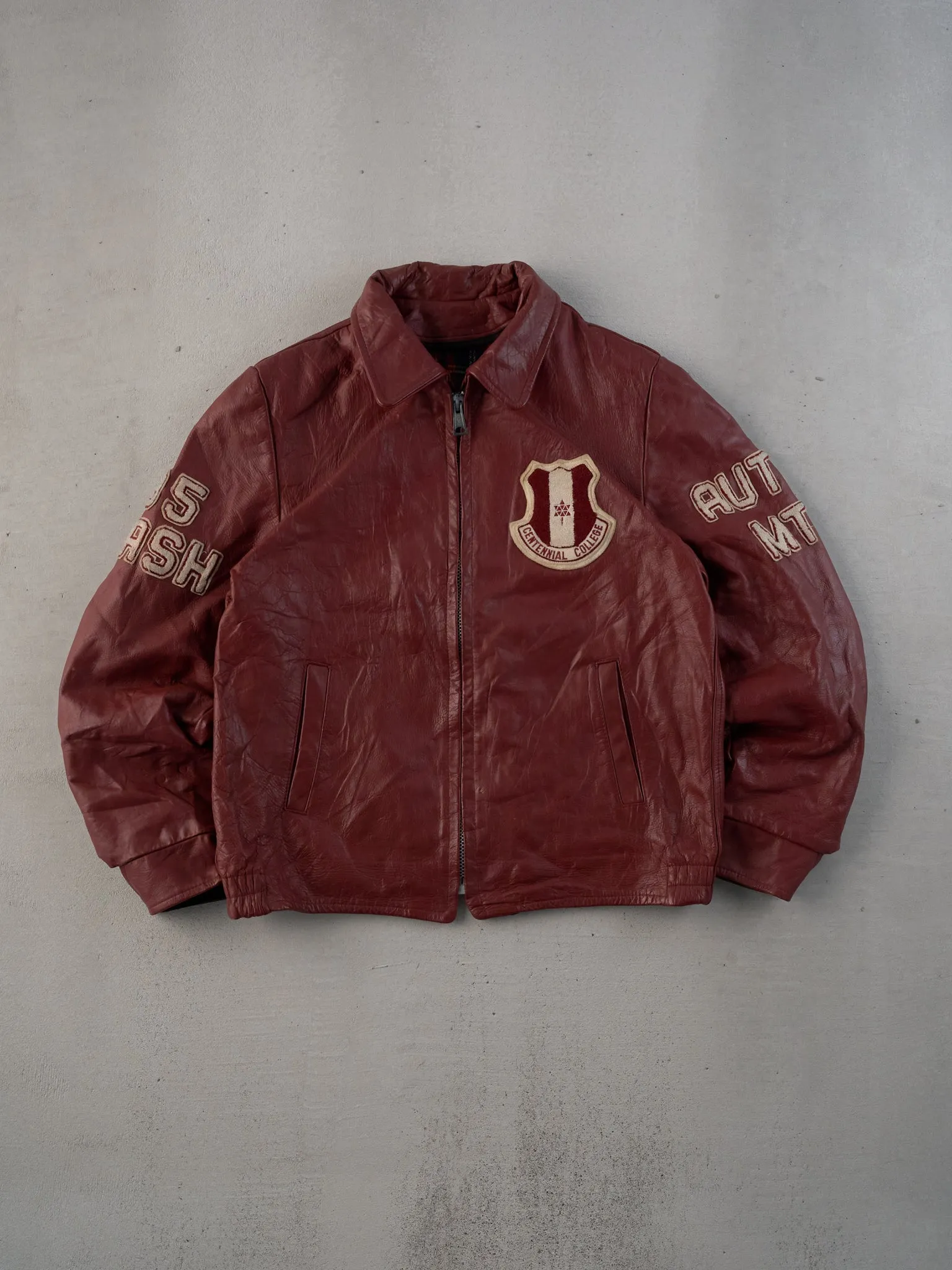 Vintage 85' Maroon Centiennal College Collared Leather Jacket (M) sold by Rebalance Vintage