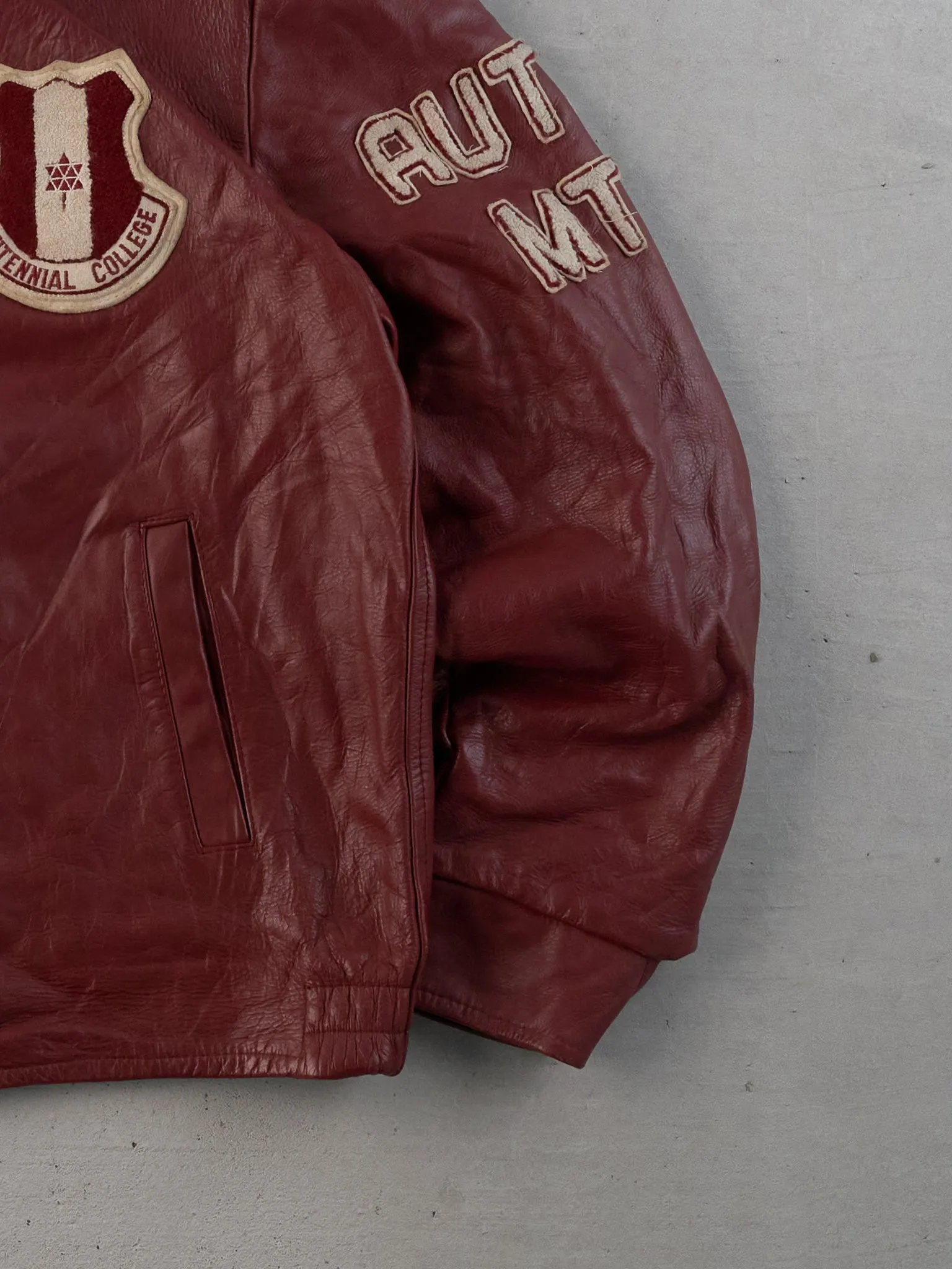 Vintage 85' Maroon Centiennal College Collared Leather Jacket (M) sold by Rebalance Vintage product image thumbnail 5