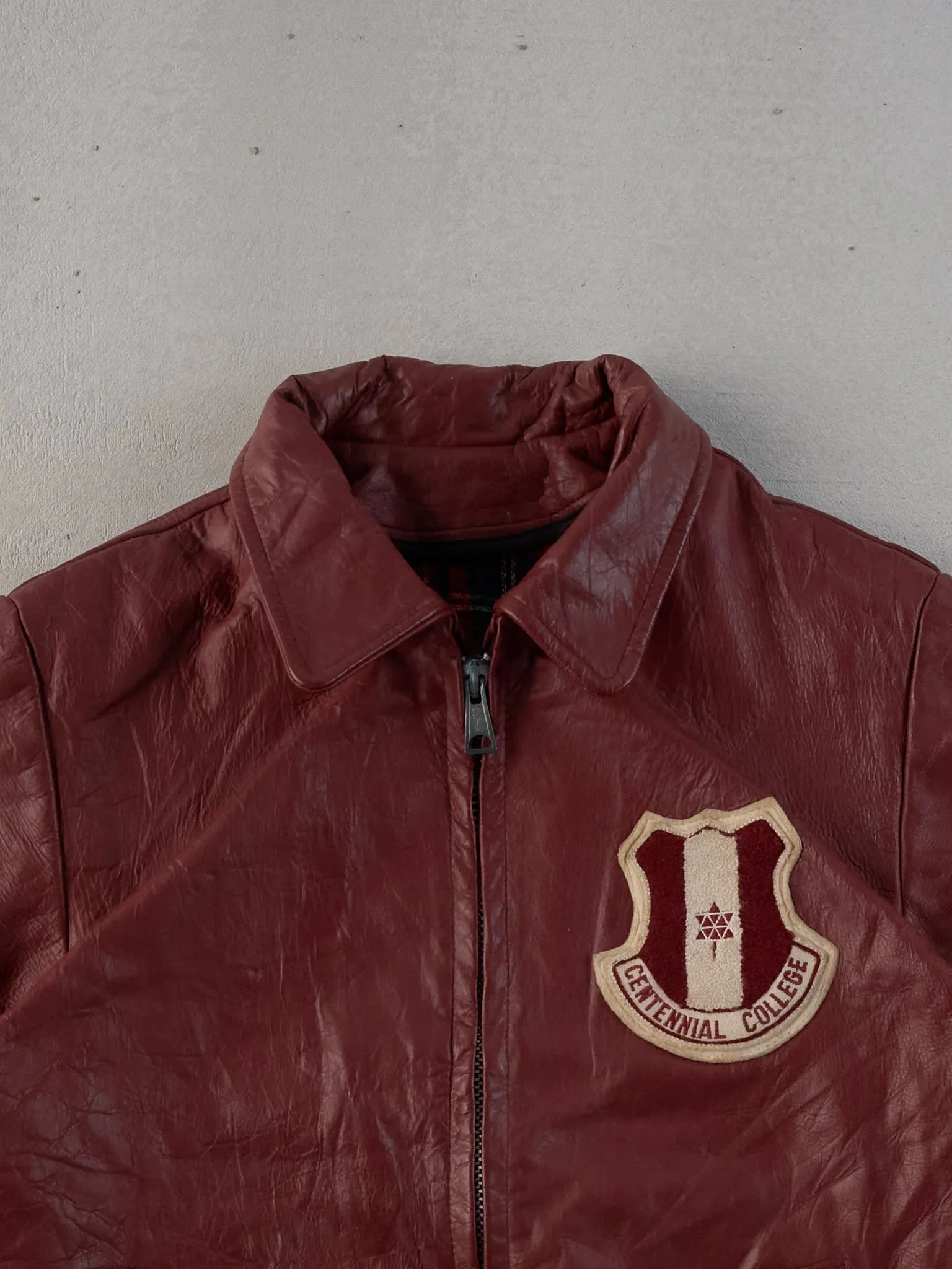 Vintage 85' Maroon Centiennal College Collared Leather Jacket (M) sold by Rebalance Vintage product image thumbnail 3