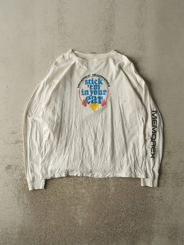 Vintage 80s White Memorex Headphones Long Sleeve (L) sold by Rebalance Vintage