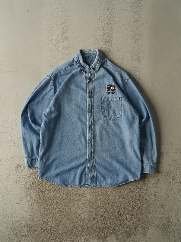 Vintage 90s Light Wash Philadelphia Flyers Button Up Denim Long Sleeve (L/XL) sold by Rebalance Vintage