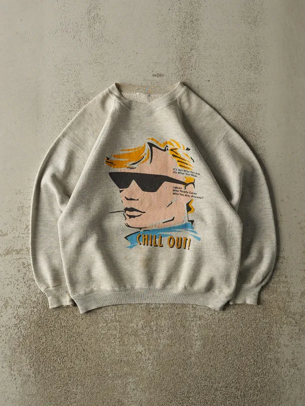 Vintage 80s Heather Grey "Chill Out" Slogan Crewneck (S) sold by Rebalance Vintage