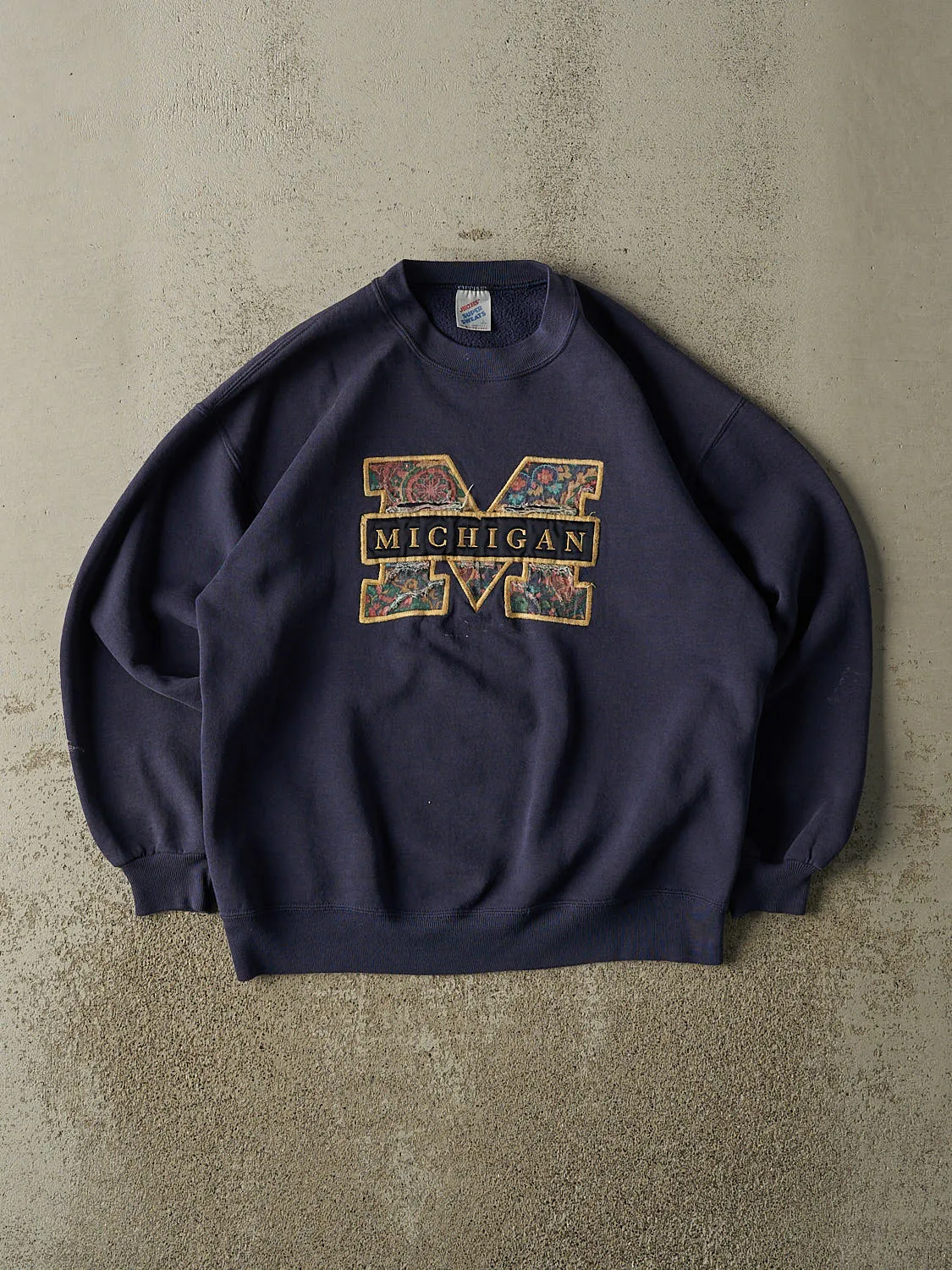 Vintage 80s Navy Blue University of Michigan Embroidered Crewneck (M) sold by Rebalance Vintage