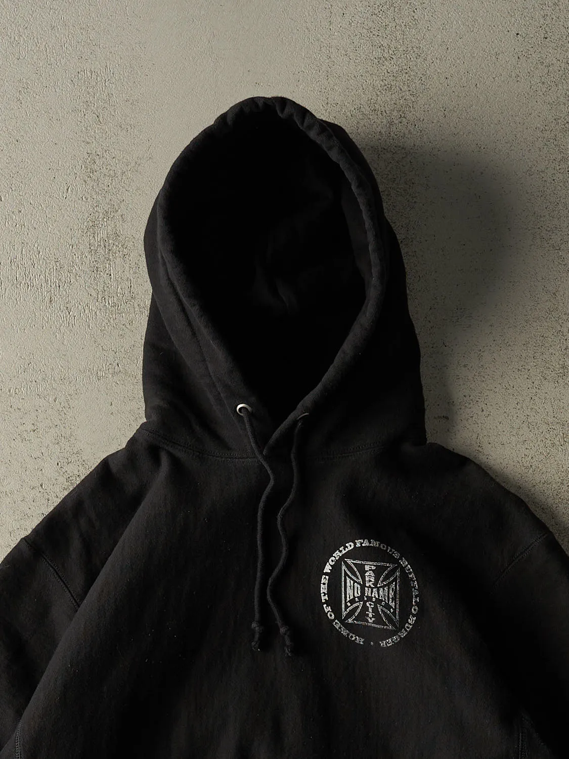 Vintage Y2K Black Champion Reverse Weave No Name Saloon Hoodie (M) sold by Rebalance Vintage product image thumbnail 3