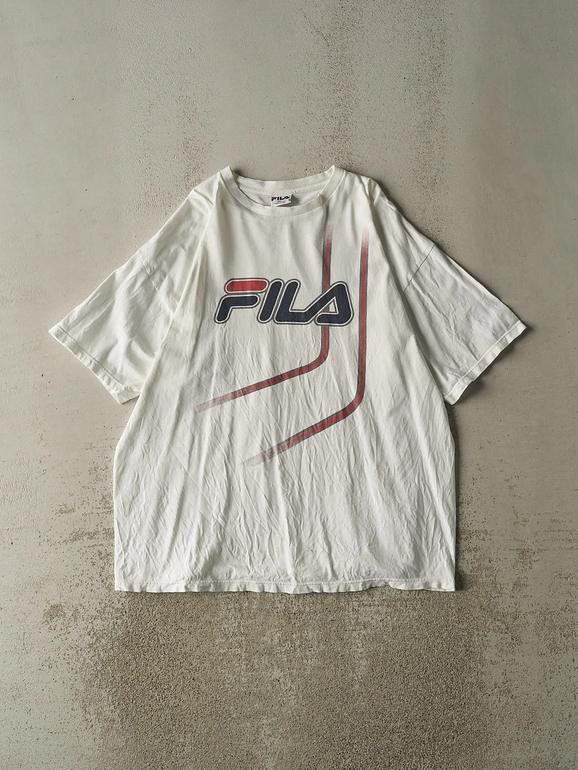 Vintage 90s White Fila Tee (XL) sold by Rebalance Vintage