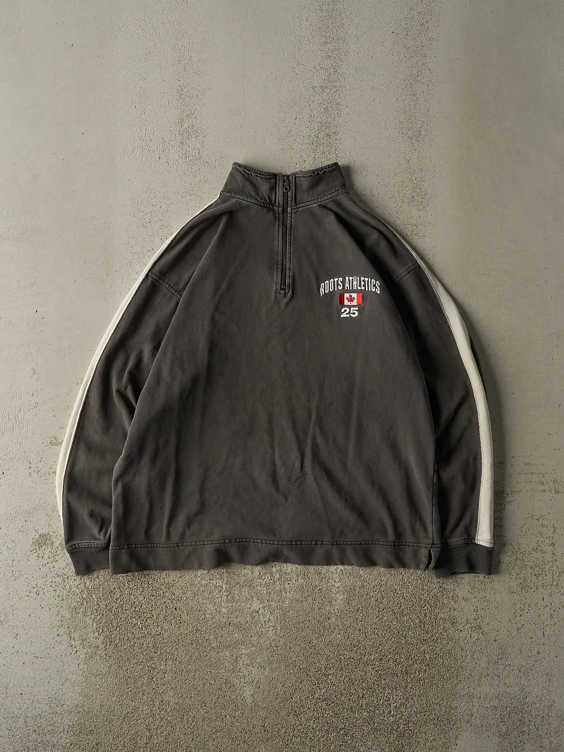 Vintage Y2K Charcoal Grey Roots Athletics Quarter Zip Sweater (XL) sold by Rebalance Vintage