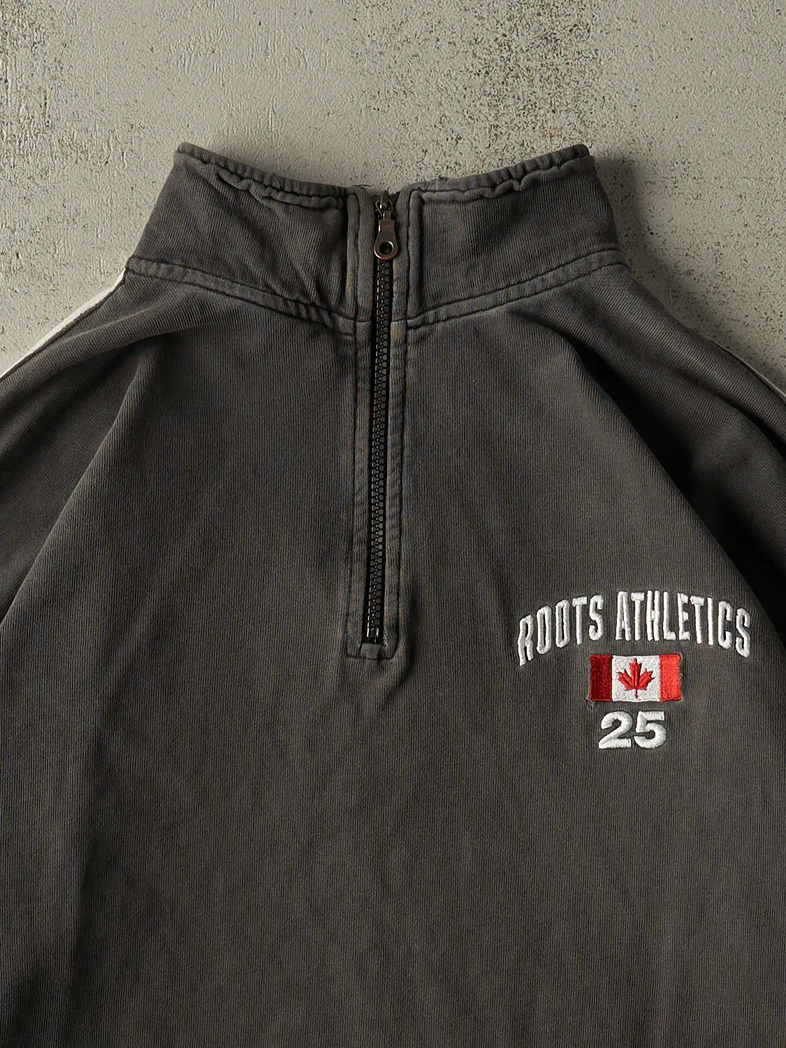 Vintage Y2K Charcoal Grey Roots Athletics Quarter Zip Sweater (XL) sold by Rebalance Vintage product image thumbnail 2
