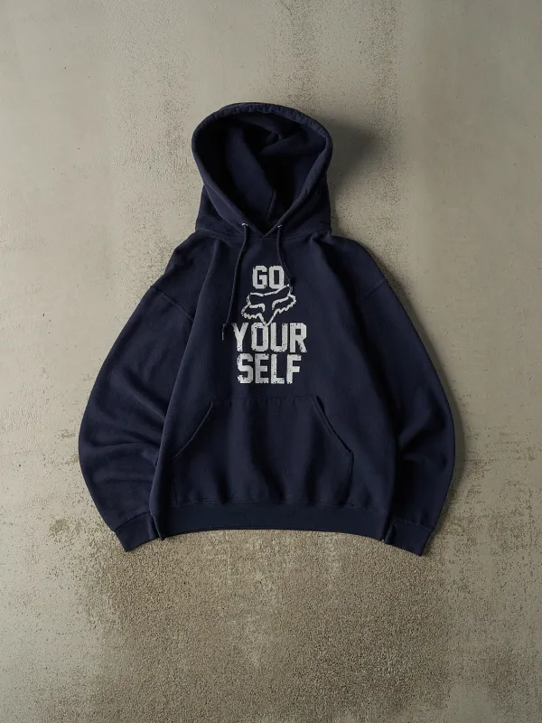 Vintage Y2K Navy Blue Fox Racing "Go Fox Yourself" Slogan Hoodie (S/M) sold by Rebalance Vintage