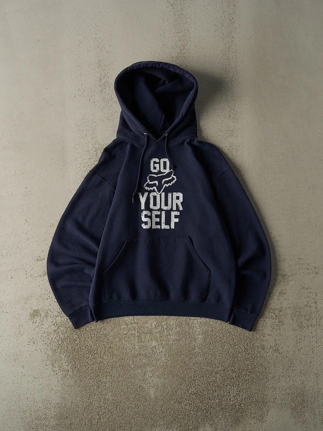Vintage Y2K Navy Blue Fox Racing "Go Fox Yourself" Slogan Hoodie (S/M) sold by Rebalance Vintage