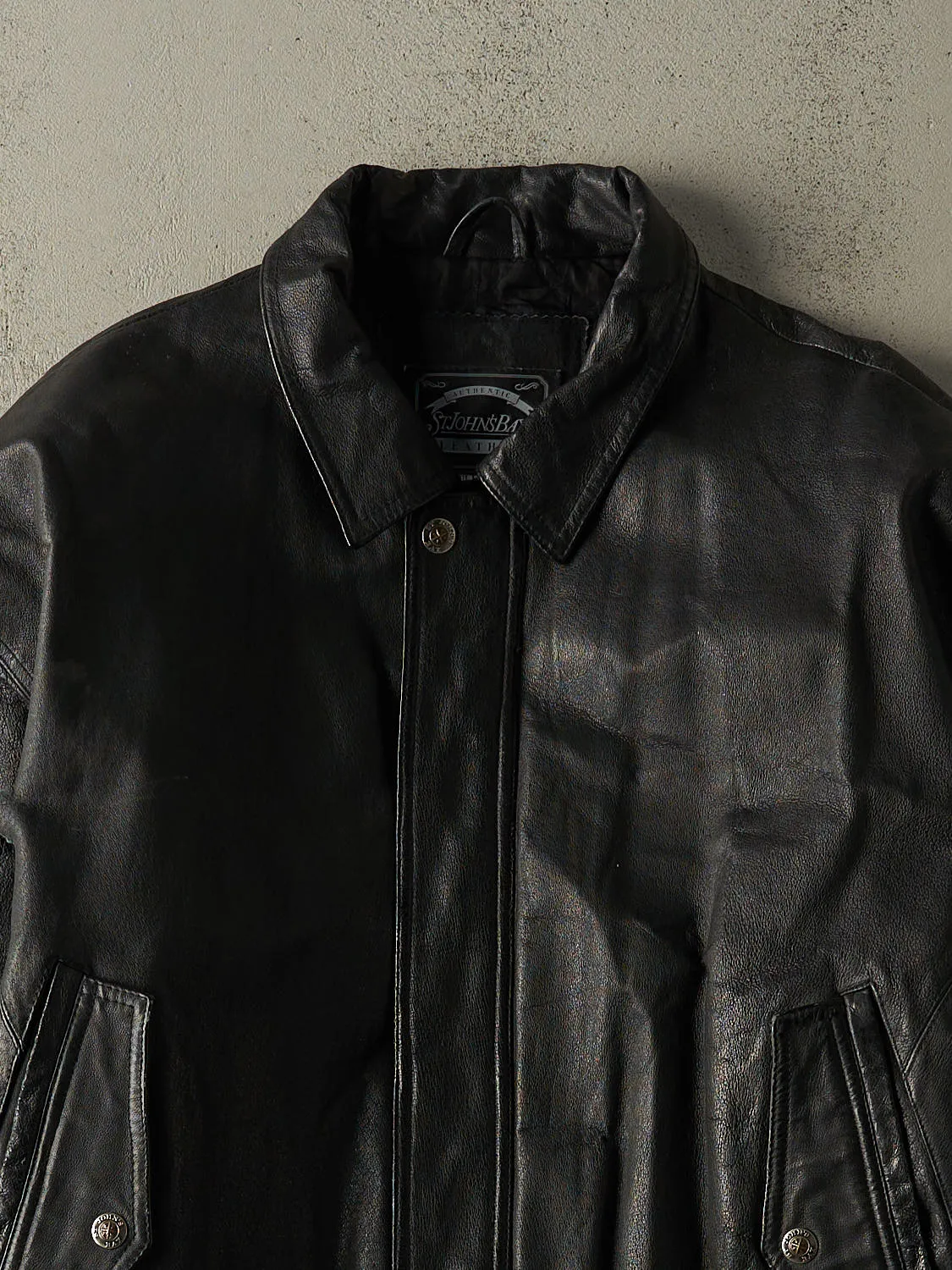 Vintage 90s Black St. John's Bay Leather Bomber Jacket (L/XL) sold by Rebalance Vintage product image thumbnail 2