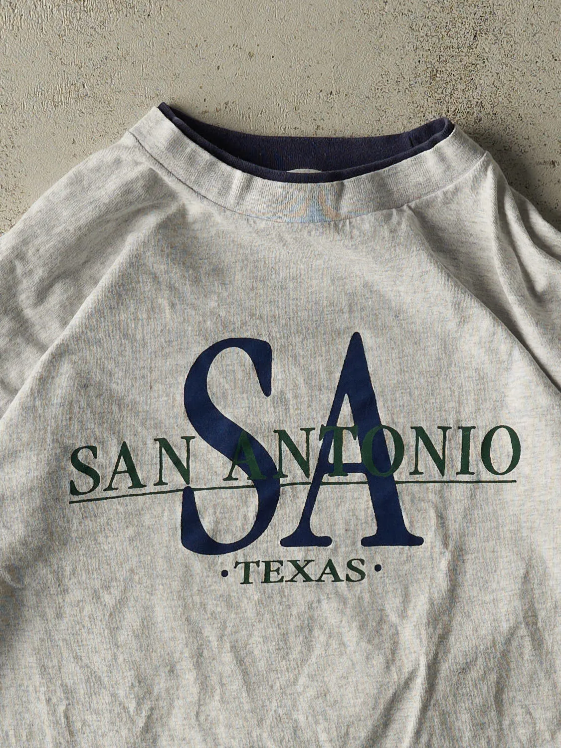 Vintage 90s Heather Grey San Antonio Texas Embroidered Double Neck Tee (L/XL) sold by Rebalance Vintage product image thumbnail 2