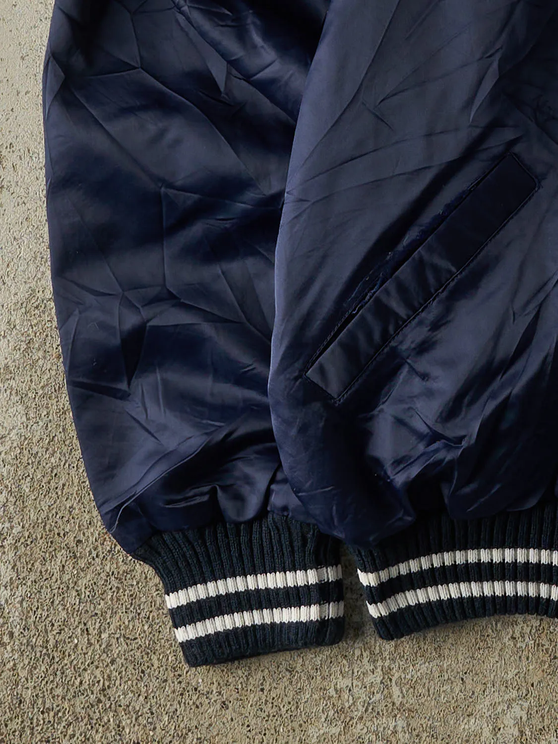 Vintage 80s Navy Blue Satin Bomber Jacket (S/M) sold by Rebalance Vintage product image thumbnail 3