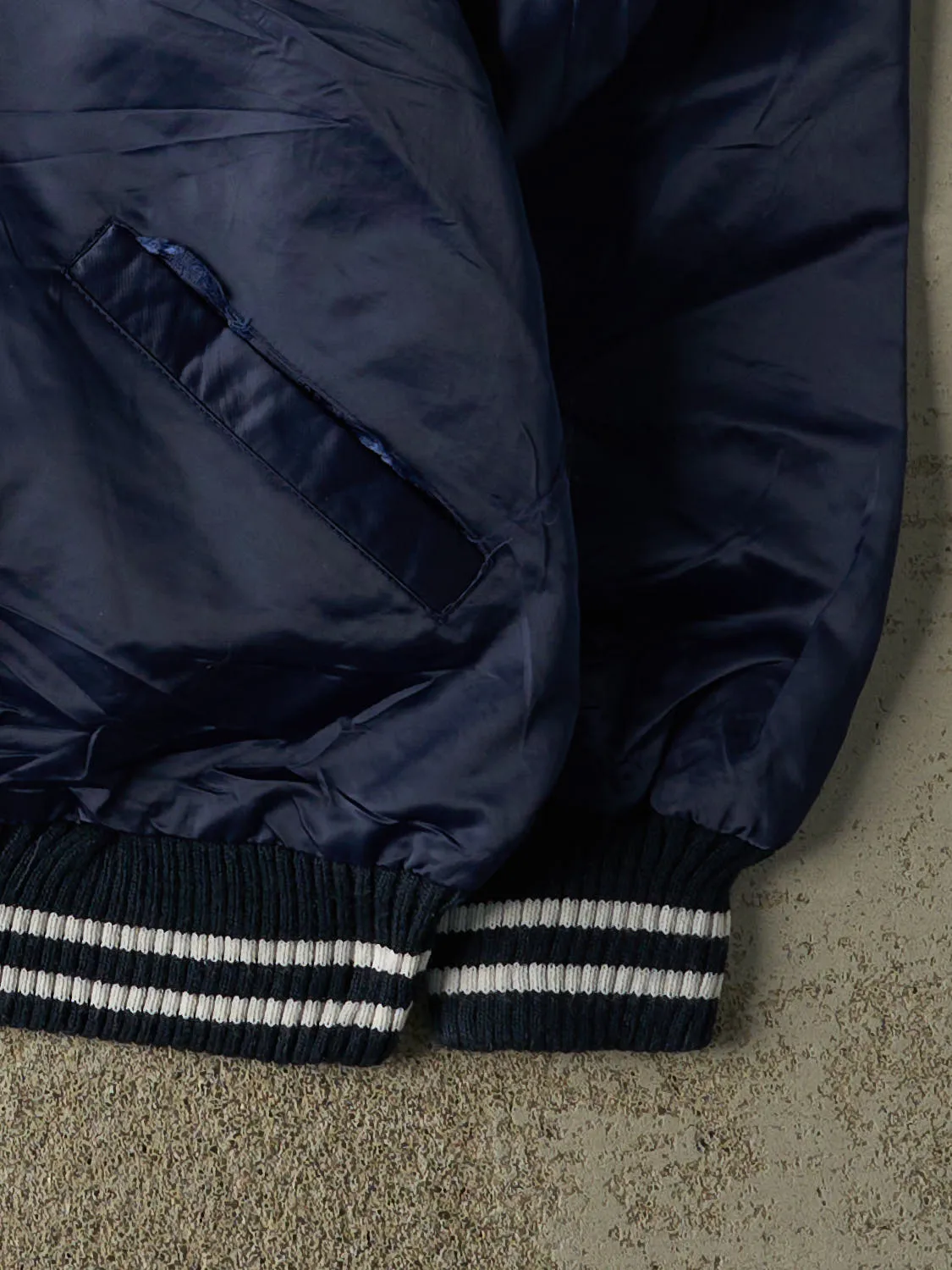 Vintage 80s Navy Blue Satin Bomber Jacket (S/M) sold by Rebalance Vintage product image thumbnail 4