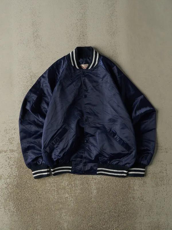 Vintage 80s Navy Blue Satin Bomber Jacket (S/M) made by Rebalance Vintage