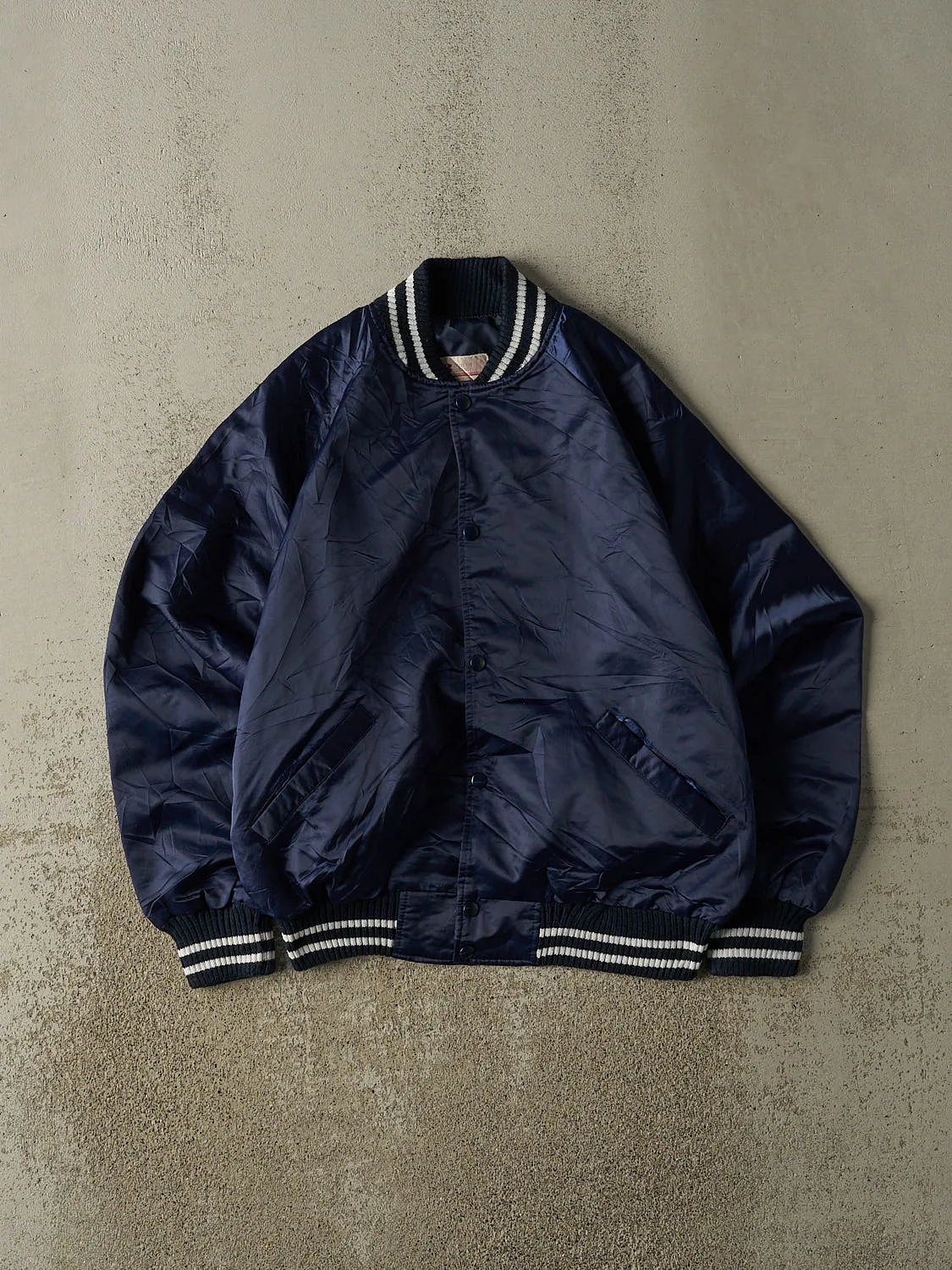 Vintage 80s Navy Blue Satin Bomber Jacket (S/M) sold by Rebalance Vintage