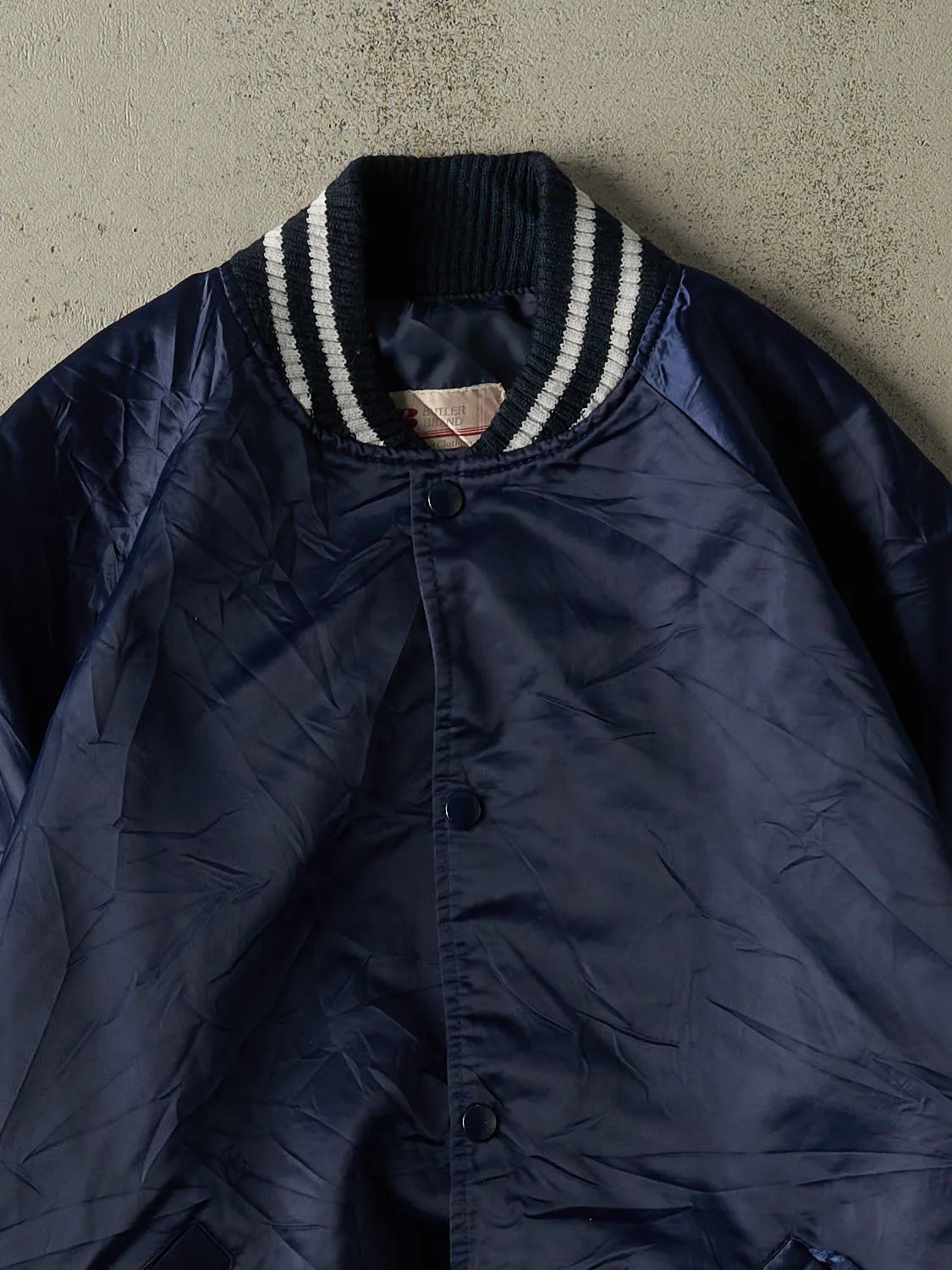 Vintage 80s Navy Blue Satin Bomber Jacket (S/M) sold by Rebalance Vintage product image thumbnail 2
