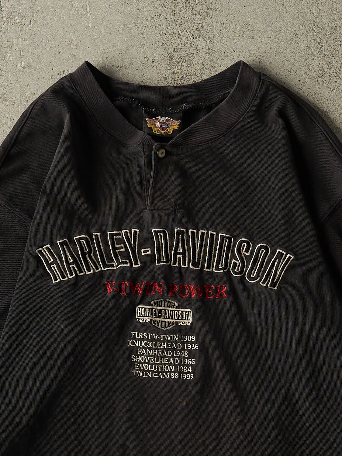 Vintage 99' Faded Black Harley Davidson Embroidered Quarter Button Long Sleeve (L/XL) sold by Rebalance Vintage product image thumbnail 2